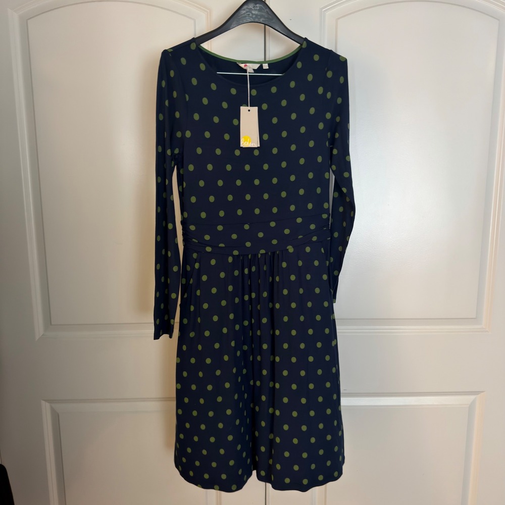 Boden Womens Navy Blue Green Polka Dot Long Sleeve Jersey Dress US 8R NEW